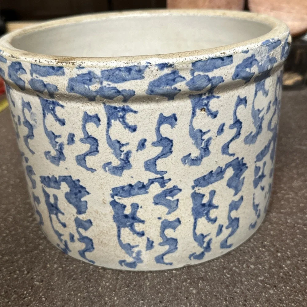 Antique Stoneware‎ Butter Crock Blue Spongeware 6